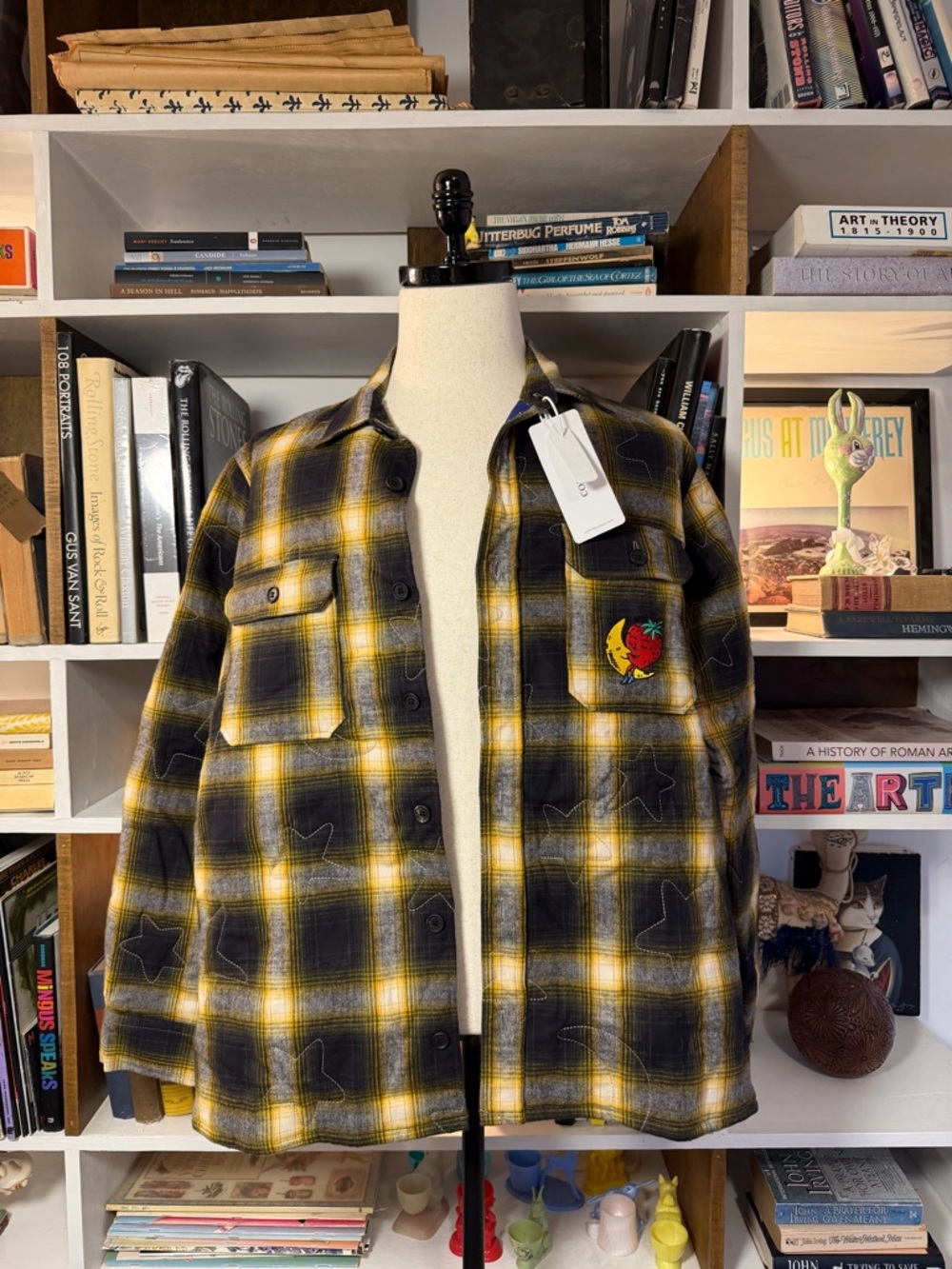 Yellow & Black Plaid Button-Up Shirt Jacket with Fruit Patch
